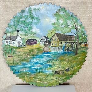 Hand Painted Saw Blade Art Country‎ Scene Church Water Mill Signed Decor 17"